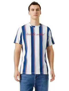 Koszulki męskie - Koton Męski T-shirt z nadrukiem Slogan Crew Neck Short Sleeve Cotton, Marine Stripe (01 m), L - grafika 1