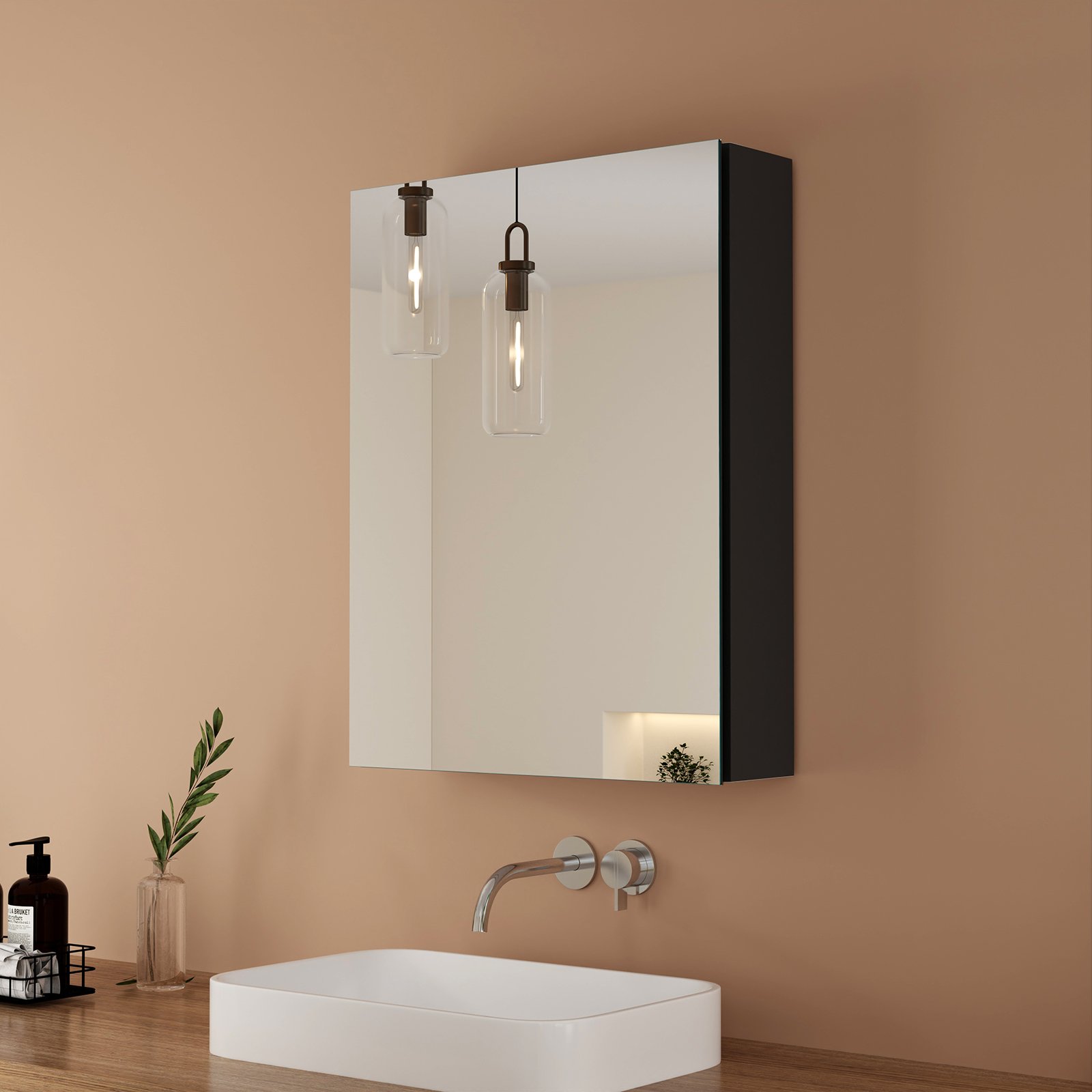 EMKE szafka z lustrem czarna matowa, 50×65 cm z pojedynczymi drzwiami i regulowaną półką Szafka łazienkowa