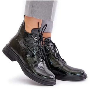 S.Barski Skórzane Lakierowane Botki Damskie Ocieplane Na Zamek D&A LZ42-042 Ciemnozielone - Botki damskie - miniaturka - grafika 1