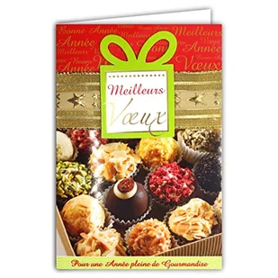 Kartka z życzeniami Szczęśliwego Nowego Roku pełna smakołyków Złota wstążka z kopertą kolaż papier tłoczony czekoladki Boże Narodzenie wspaniałe życzenia wigilijne 61-4087-A BA - Kartki okolicznościowe i zaproszenia - miniaturka - grafika 1