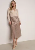 Spódnice - Beżowa Spódnica z Satyny z Koronką i Rozcięciem na Nogę Doritana - miniaturka - grafika 1
