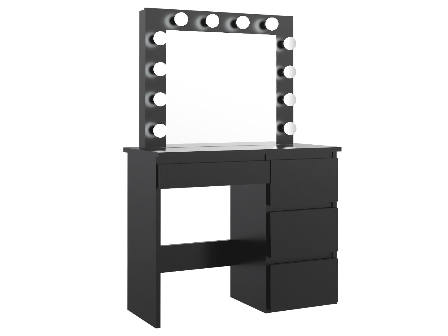 Meblowa1 toaletka z oświetleniem BETA 12 LED, lustro do makijażu z dużym lustrem w stylu Hollywood, 12 żarówek LED, 4 szuflady, w kolorze czarnym