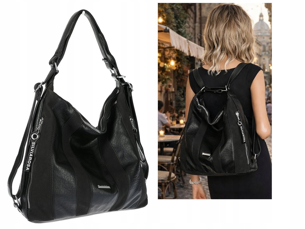 Torebka Damska Shopper Plecak Miejska 2w1 Worek Torba na Ramię SR090 Czarna