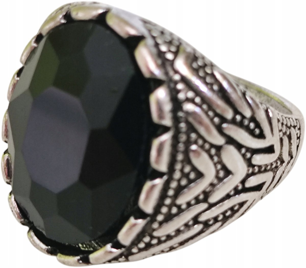 Srebrny Sygnet z Dużym Onysksem Czarny Kamień Stal Szlachetna Vintage