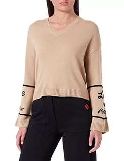 Swetry damskie - Love Moschino Damski sweter z dekoltem w serek, Melange Rust Light Brown, 40 - grafika 1