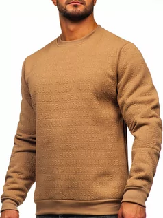 Bluzy sportowe męskie - Beżowa bluza męska z nadrukiem bez kaptura Denley LJ0599 - grafika 1