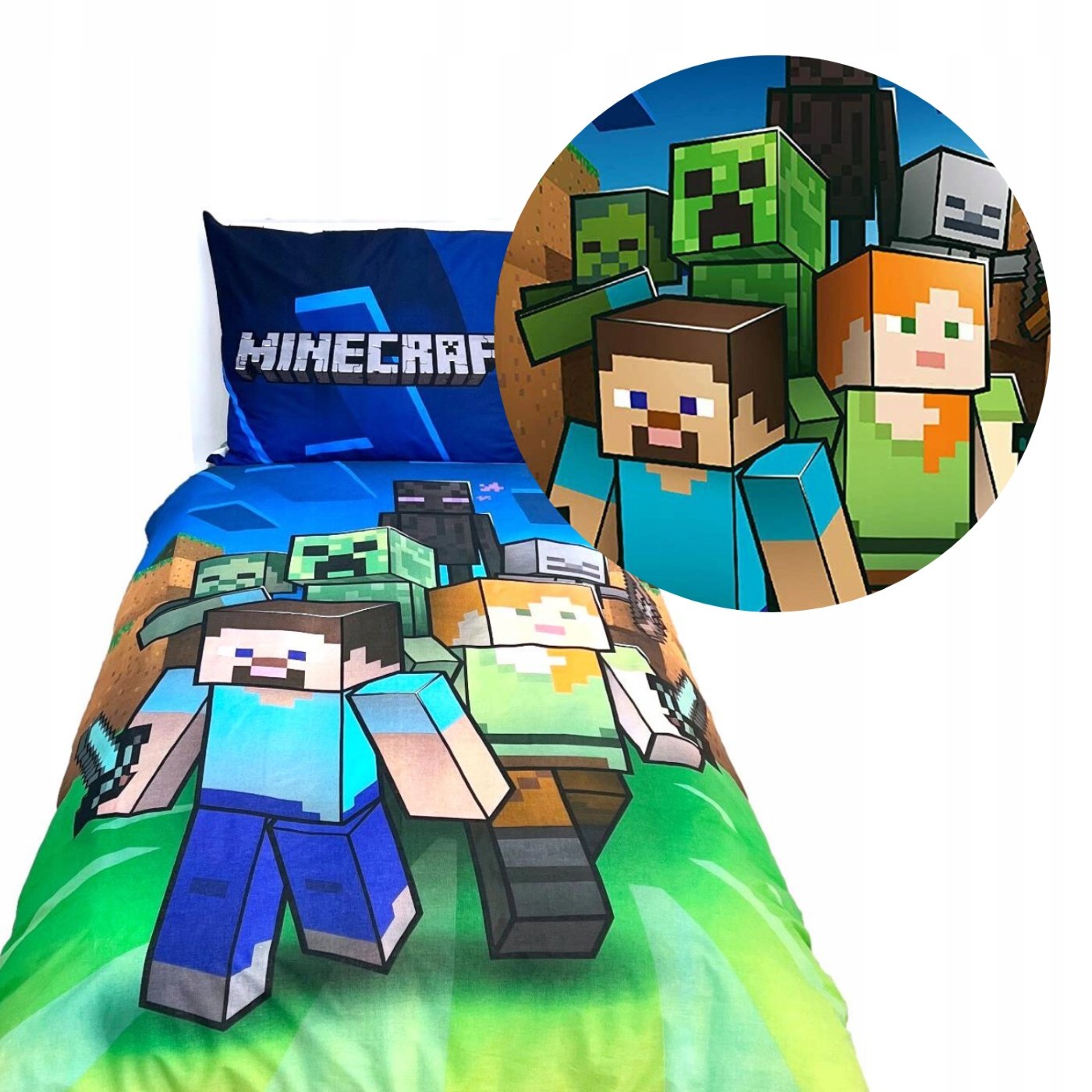 Pościel Minecraft 140x200 dziecięca gra klocki Alex Steve Pig bawełniana