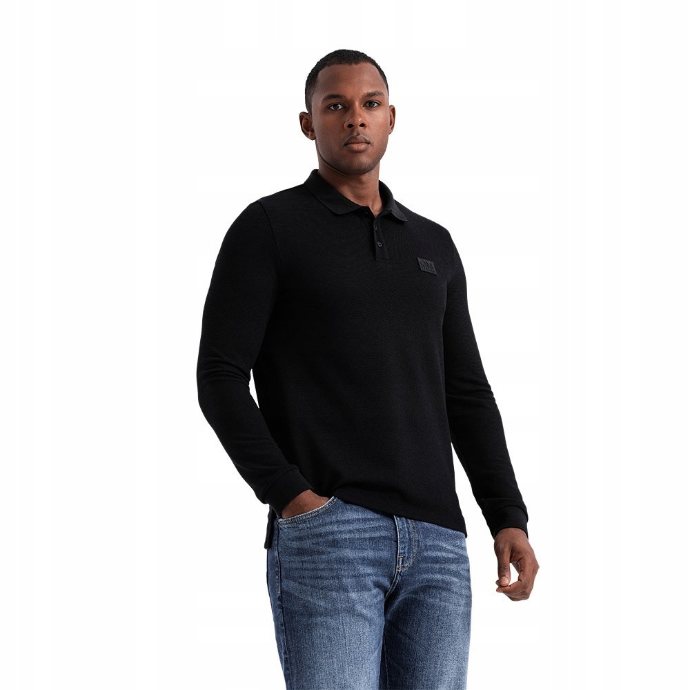 Strukturalny męski longsleeve polo z naszywką czarny V1 OM-POLS-0131 XL