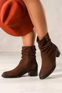 Botki damskie - Brązowe botki skórzane damskie Sergio Leone na szerokim słupku marszczona cholewka z ozdobą YG645-H - miniaturka - grafika 1