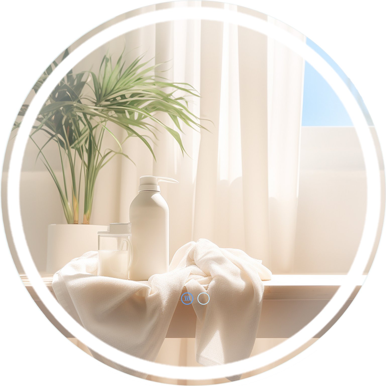 Lustro łazienkowe LED COSTWAY 60 x 60 CM, okrągłe lustro naścienne ze ściemnianym 3-kolorowym oświetleniem, przełącznik dotykowy, przeciwmgielne