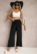 Spodnie damskie - Czarne Spodnie z Bawełny Typu Palazzo z Gumką w Talii Fieana - miniaturka - grafika 1