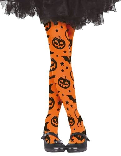 FIESTAS GUIRCA Rajstopy na Halloween dla dzieci (7-12 lat) - Pończochy i skarpetki do kostiumu dla dziewczynek - dynie i nietoperze - idealne na imprezy halloweenowe i uroczystości - pomarańczowy i
