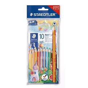 Staedtler Jumbo Kredki Noris Club, zwiększona wytrzymałość na rozerwanie, trójkątny kształt, system ABS, przyjazny dla dzieci wg normy DIN EN71, zestaw 10 genialnych kolorów, gumka i ołówek, 61 SET7 61 SET7 - Przybory szkolne - miniaturka - grafika 1