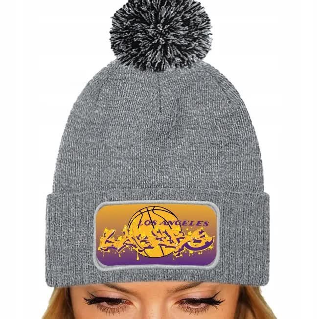 Szara Czapka Zimowa Z Pomponem LOS ANGELES Ciepła Na Prezent Mix Wzorów