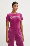 Koszulki sportowe damskie - Guess t-shirt welurowy COUTURE kolor fioletowy V4BI29 KBXI2 - miniaturka - grafika 1