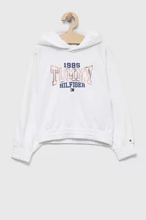 Bluzy dla dziewczynek - Tommy Hilfiger bluza dziecięca kolor biały z kapturem z nadrukiem - grafika 1