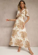 Sukienki - Jasnobeżowa Rozkloszowana Sukienka z Wiązaniem w Kwiatowy Wzór Jeloiti - miniaturka - grafika 1