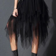 Spódnice - TEMU Elegancka Czarna Spódnica z Siatkowym Nadrukiem - Wysoki Stan, A-Linia, Płynna Warstwowa Tiulowa Spódnica dla Kobiet, Idealna na Modę - miniaturka - grafika 1