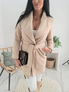 JESIENNY PŁASZCZ BERGAMO Z PIKOWANĄ PODSZEWKĄ I DUŻYMI KLAPAMI PRODUKT WŁOSKI - BEŻOWY - MODA ITALIA - Płaszcze damskie - miniaturka - grafika 1