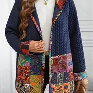 Kurtki damskie - TEMU Damska kurtka z kapturem w stylu vintage z naszywkami - zimowa kurtka o średniej długości z kolorowym geometrycznym wzorem, ciepła odzież - miniaturka - grafika 1