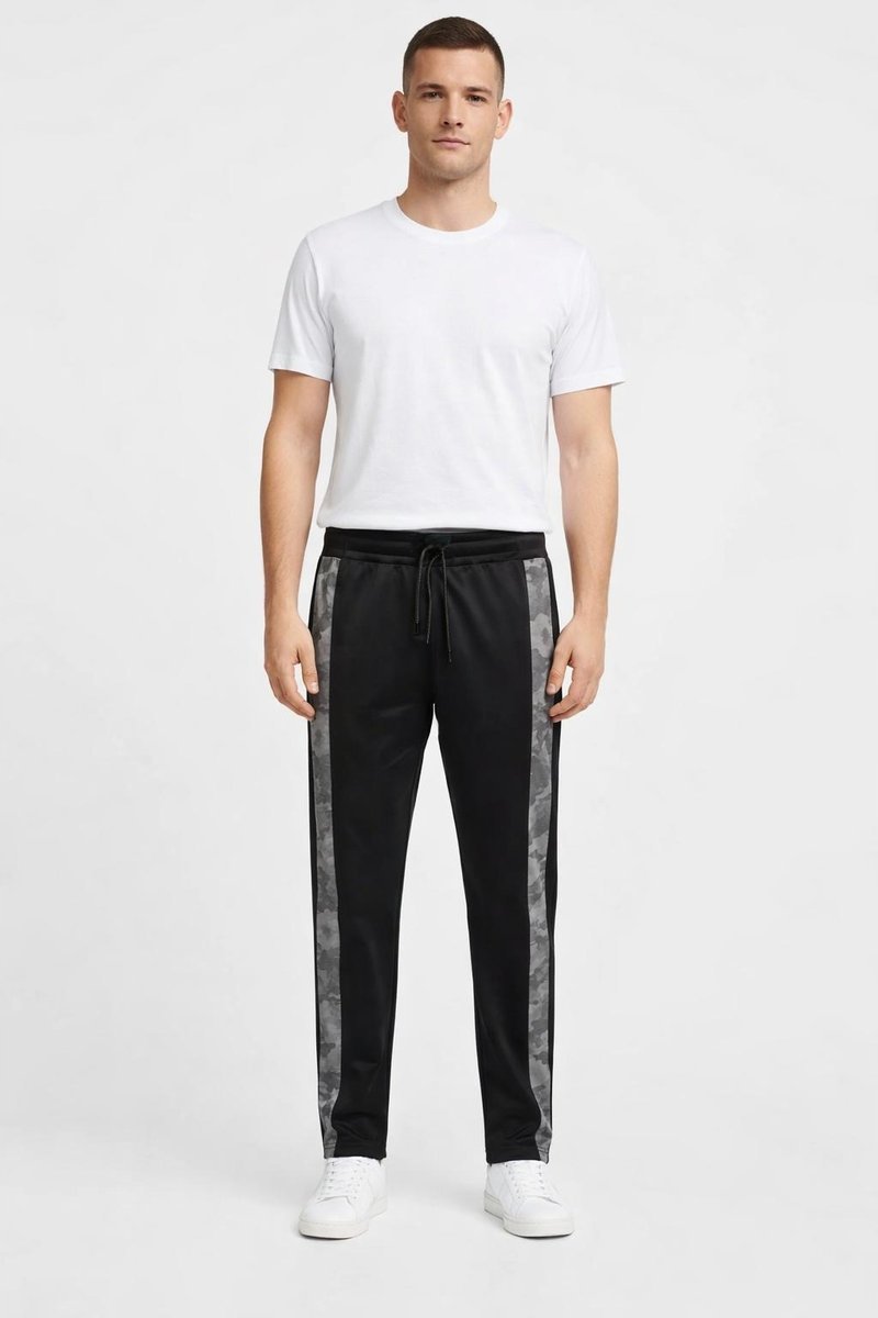 GUESS CZARNE SPODNIE DRESOWE Z LAMPASAMI W PRINT MORO S GGA