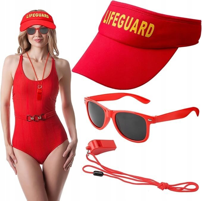 ZESTAW RATOWNIKA KOSTIUM STRÓJ LIFEGUARD CZAPKA OKULARY GWIZDEK BAYWATCH