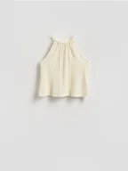 Koszulki i topy damskie - Reserved - Kreszowany top z dekoltem halter - złamana biel - miniaturka - grafika 1