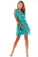 Sukienki - Zielona Zwiewna Letnia Sukienka w Kwiaty z Rozciętym Rękawem - miniaturka - grafika 1