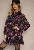 Sukienki - Czarno-Fioletowa Sukienka o Rozkloszowanym Kroju w Kwiaty z Gumką w Pasie Ozdobiona Falbankami Zinilita - miniaturka - grafika 1