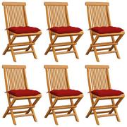 Fotele i krzesła ogrodowe - vidaXL Lumarko Krzesła ogrodowe, czerwone poduszki, 6 szt., drewno tekowe 3065611 - miniaturka - grafika 1