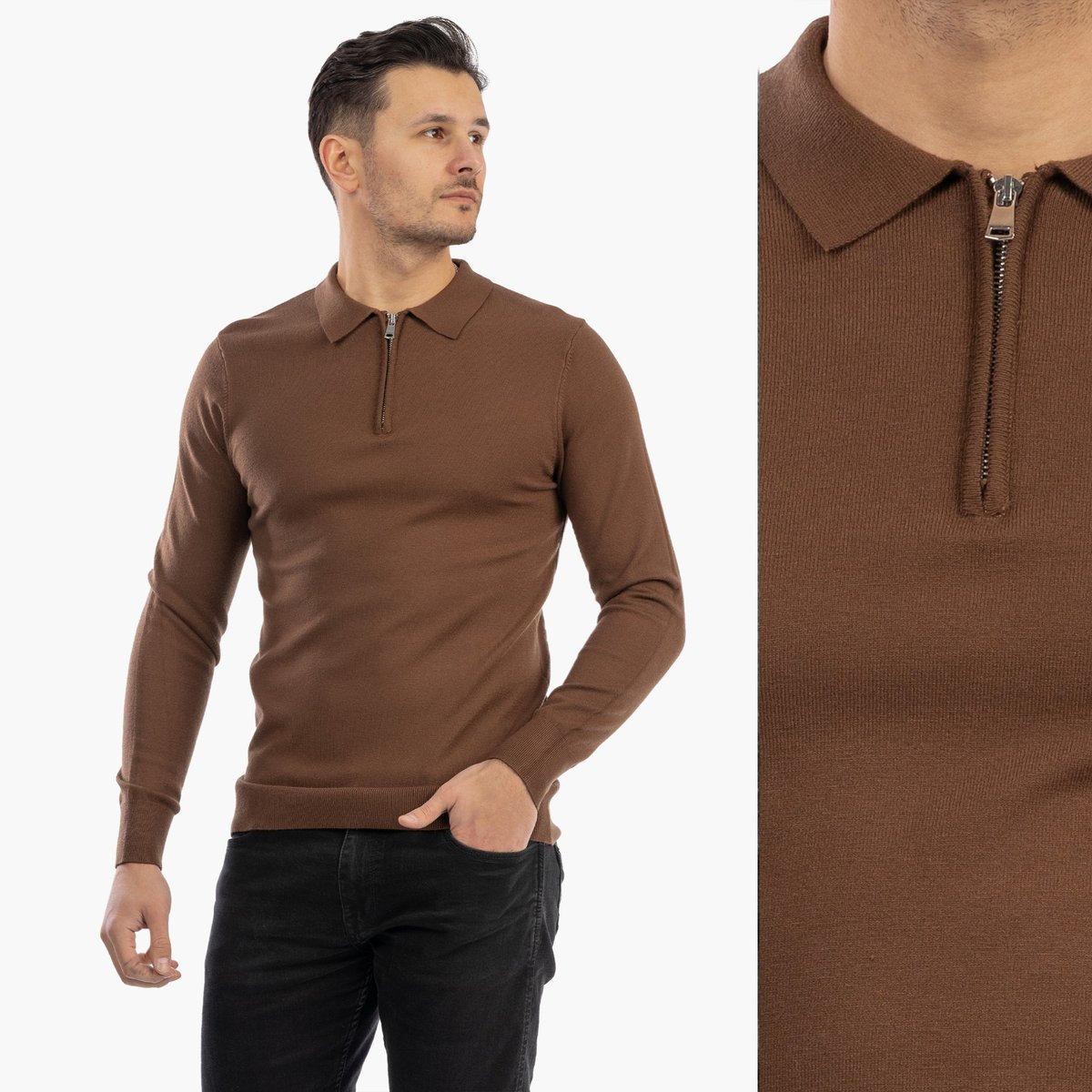 Sweter Męski Z Kołnierzem Elegancki Dopasowany Klasyczny Z Zamkiem Brązowy Brązowy XXL