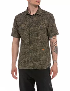 Koszule męskie - Replay Męska koszula M4061, 010 khaki z nadrukiem liście, XXL, 010 Khaki z nadrukowanymi liśćmi, XXL - grafika 1