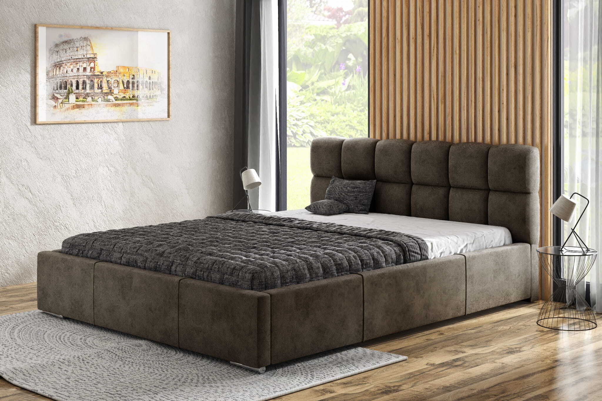 Łóżko tapicerowane AGMAT MALTA z wezgłowiem, 160 x 200 cm, łóżko podwójne z podstawą łóżka i metalową ramą z listew, tkanina welurowa: brązowy