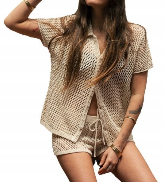 Letni Komplet Dzianinowy Boho Chic Dwuczęściwy Zestaw Spodenki Koszula Beż