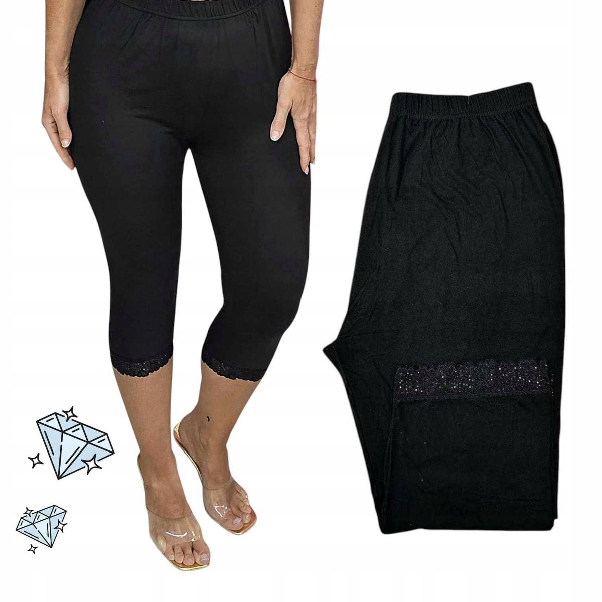 J703D LEGINSY 3/4 WYSOKI STAN RYBACZKI koronka cyrkonie 52 54 6XL 7XL