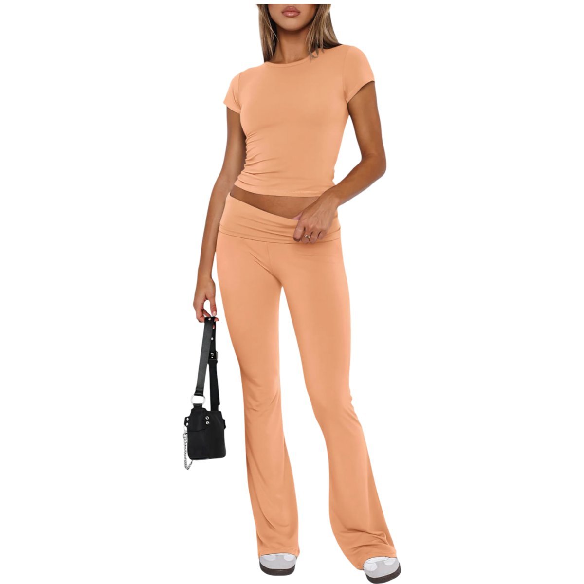 Damski Komplet Dresowy Crop Top Dzwony Wygodny Sportowy Pomarańczowy XS