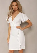 Sukienki - Biała Mini Sukienka o Dopasowanym Kroju z Kopertową Górą i Falbanką Haliari - miniaturka - grafika 1
