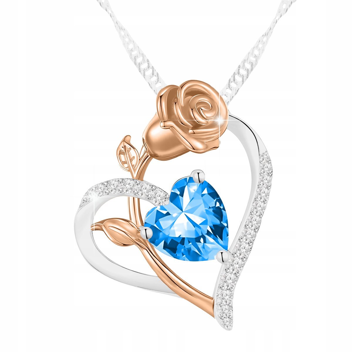 Naszyjnik Srebrny 925 Niebieskie Serce Kryształ z Różą Serduszko Cyrkonie
