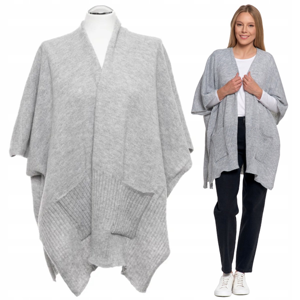 Ponczo Damskie Z Kieszeniami Stylowe Modne Klasyczne Jesień Zima Moraj Grey