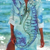 Inne - TEMU Kobieca Casualowa Sukienka Plażowa z Poliestru i Spandexu w Zwierzęcy Wzór, Całoroczna Koszula z Kołnierzykiem i Wzorem Oceanicznych Stworzeń - miniaturka - grafika 1