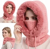 Czapki damskie - Kominiarka Damska Czapka Komin Z Futerkiem Ciepła Jednoczęściowa Na Zimę Rózówa - miniaturka - grafika 1