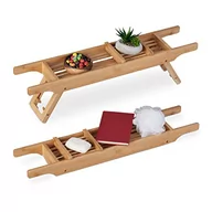 Mydła - Relaxdays Bambusowa półka na wannę, szerokość 69 cm, rozkładane nóżki, deska do wanny z tacką na mydło, półka na wannę, naturalna - miniaturka - grafika 1