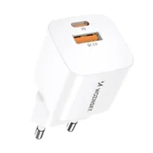 Ładowarki do telefonów - Ładowarka sieciowa PD QC 3.0 100-240V 20W USB-C USB-A biała - miniaturka - grafika 1