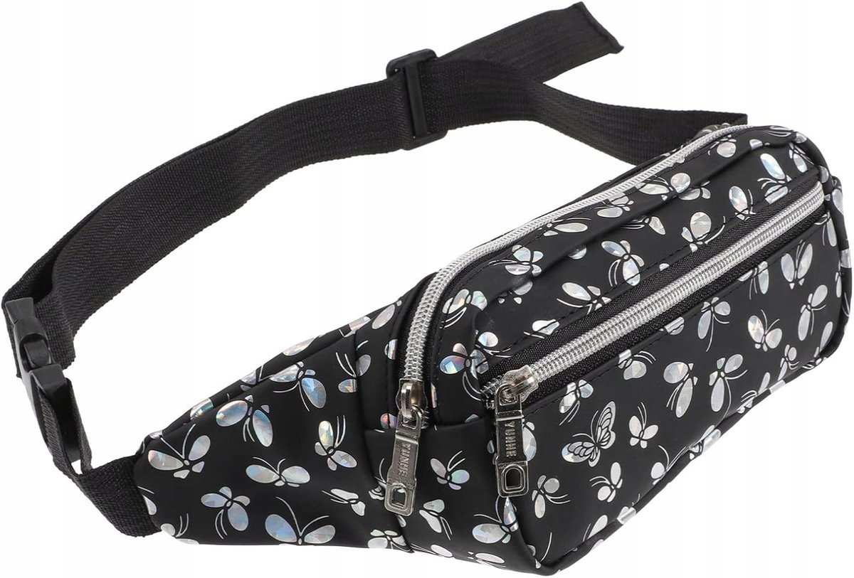 Nerka saszetka damska czarna biodrówka holo z motylkami modna