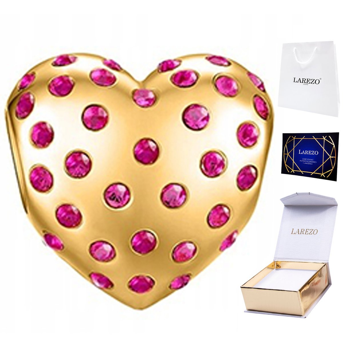 CHARMS ZŁOTY 925 z Sercem Różowe Cyrkonie Serce Serduszko Pozłacane 14K