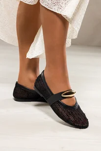 Czarne baleriny damskie z siateczki ażurowe płaskie na cholewce elastyczna guma ze złotą ozdobą Carla QQ417 - Baleriny - miniaturka - grafika 1