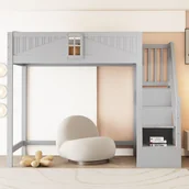 Łóżka dla dzieci i młodzieży - Łóżko na antresoli 90x200 cm - z bezpieczną drabiną z pojemnikami - z barierką bezpieczeństwa - szary (materac nie jest wliczony w cenę) - miniaturka - grafika 1