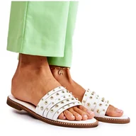 Klapki i japonki damskie - S.Barski Damskie Skórzane Klapki Z Ozdobą Białe Brien - miniaturka - grafika 1