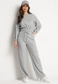 Komplety damskie - Szary Komplet Bawełniany Spodnie Szerokie ze Sznurkiem w Pasie i Bluza ze Ściągaczami Urionne - miniaturka - grafika 1