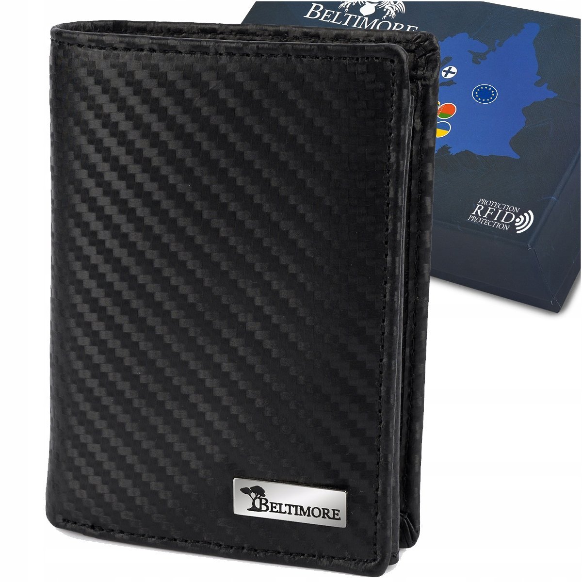Męski portfel skórzany klasyczny RFiD duży czarny carbon premium Beltimore